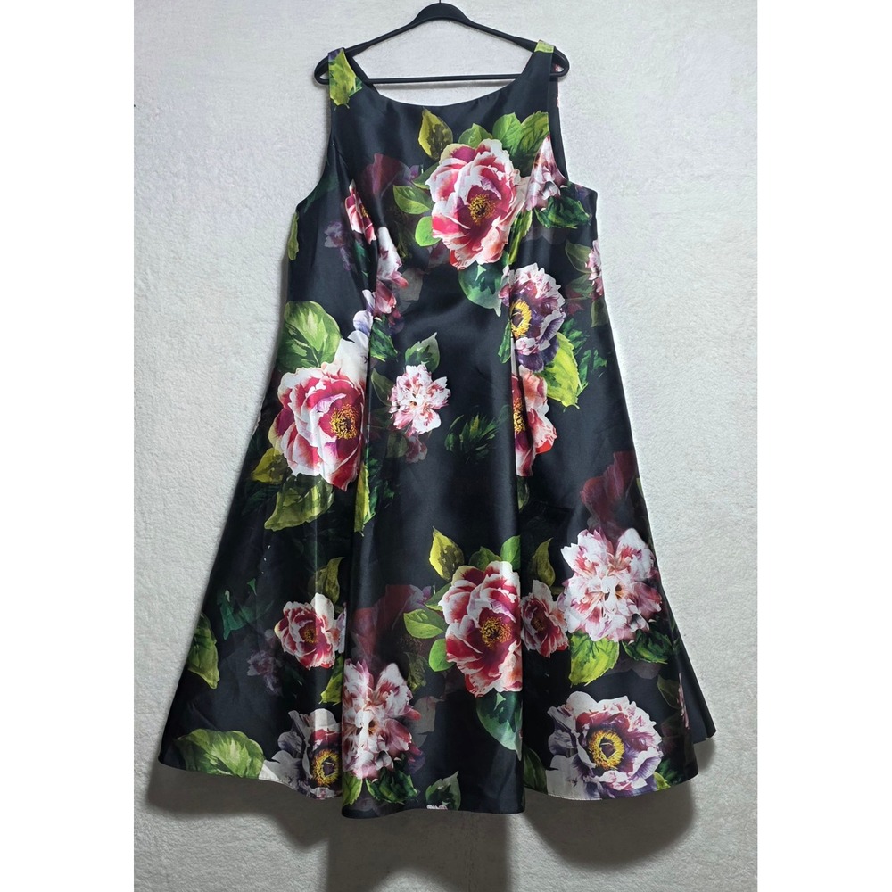 Adrianna Papell Black Floral Fit and Flare Midi Dress Plus Size 20W Sleeveless